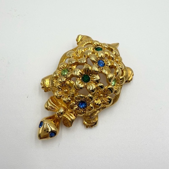 Vintage Avon Goldtone Turtle Rhinestones Flowers Bow tie Sparkly Brooch - Picture 1 of 4